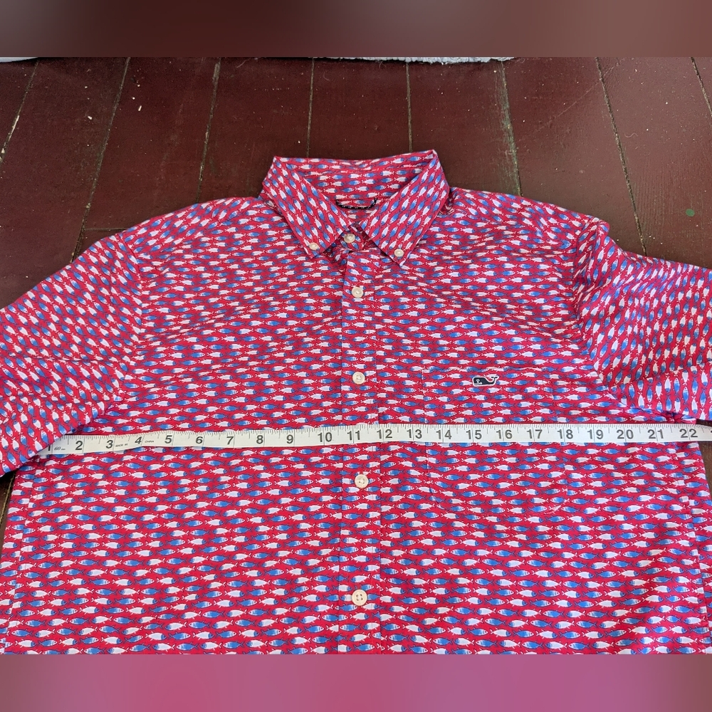 Vineyard Vines Micro Fish Red Short Sleeve Feather Performance Ripstop Shirt Med - Picture 9 of 10